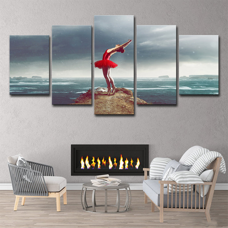 Glam Ballerina Wall Art Blue and Red Ocean Island Scenery Canvas for Living Room Blue Clearhalo 'Arts' 'Canvas Art' 1639127