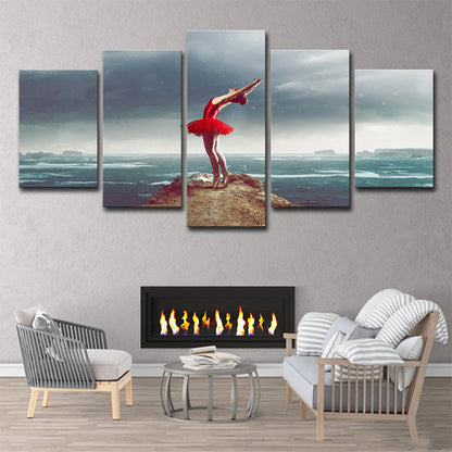 Glam Ballerina Wall Art Blue and Red Ocean Island Scenery Canvas for Living Room Blue Clearhalo 'Arts' 'Canvas Art' 1639127