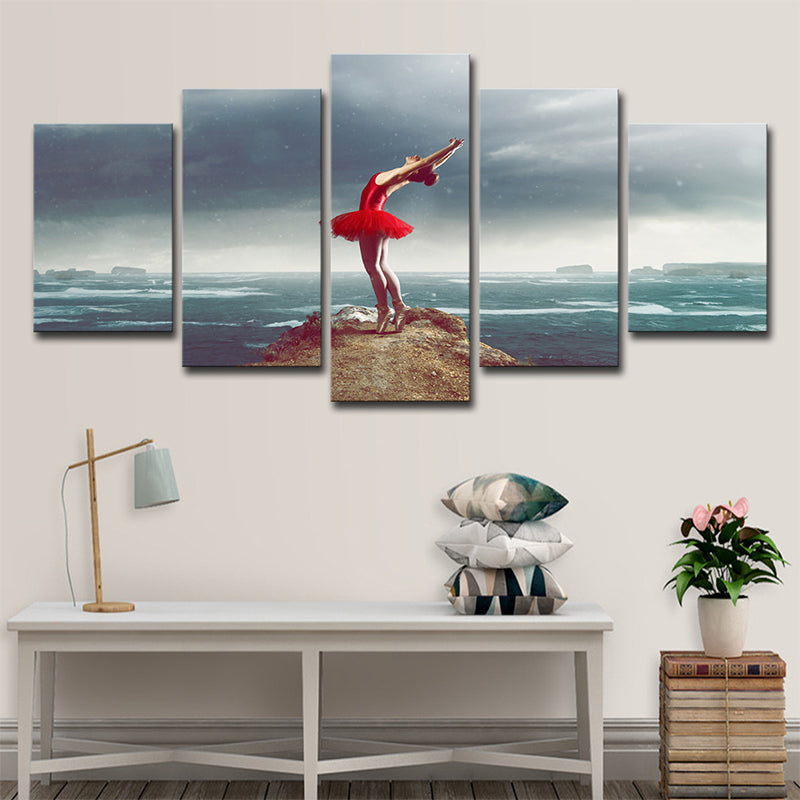 Glam Ballerina Wall Art Blue and Red Ocean Island Scenery Canvas for Living Room Clearhalo 'Arts' 'Canvas Art' 1639128