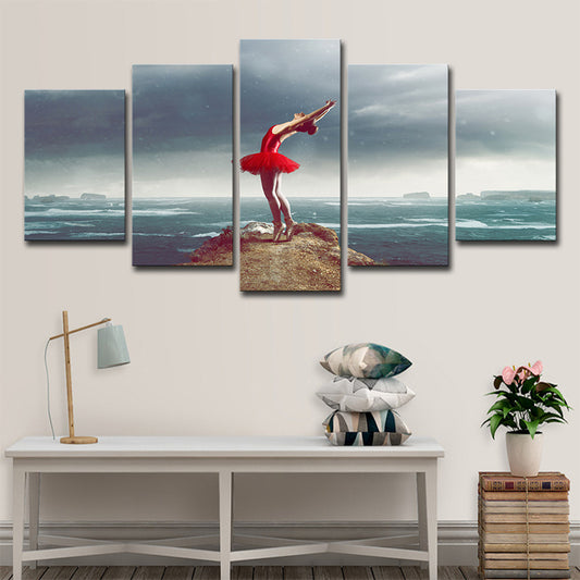 Glam Ballerina Wandkunst blau und rotes Ozean Island Landschaft Leinwand für Wohnzimmer