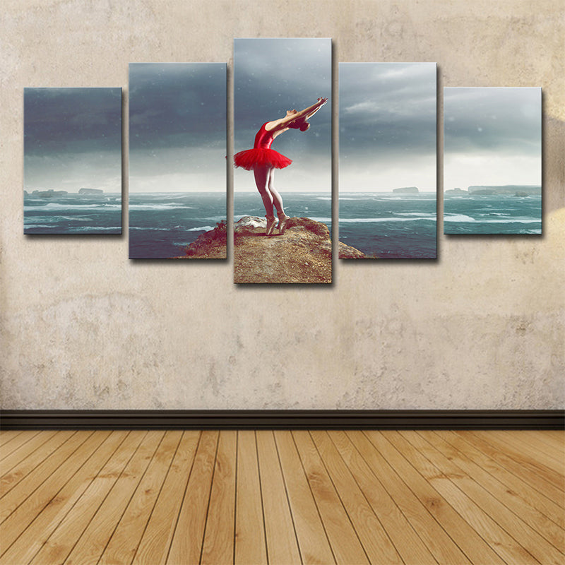 Glam Ballerina Wandkunst blau und rotes Ozean Island Landschaft Leinwand für Wohnzimmer