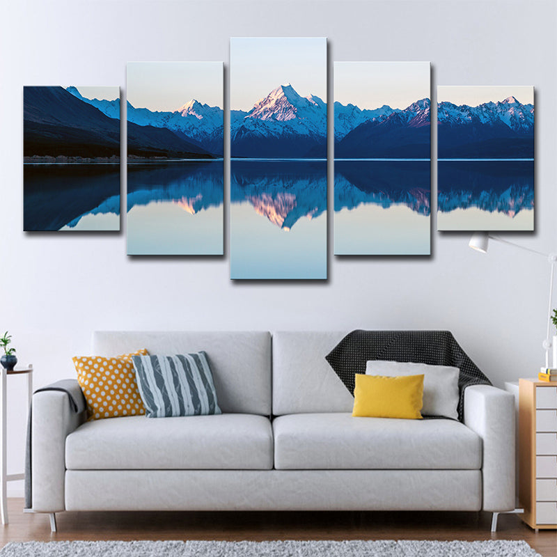 Mountain Lake Reflections Canvas Print Nordic Multi-Piece Living Room Wall Art Decor - Blue - Clearhalo - 'Arts' - 'Canvas Art' - 1639141