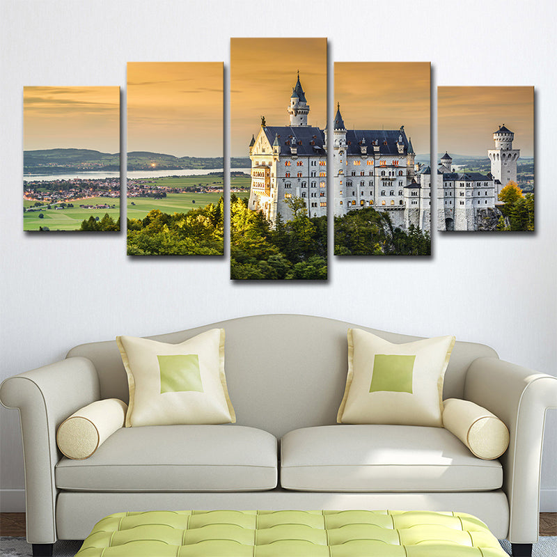Modern Landmark Wall Art Print Green Schwanstein Castle with Sunset Glow View Canvas Green Clearhalo 'Arts' 'Canvas Art' 1639155