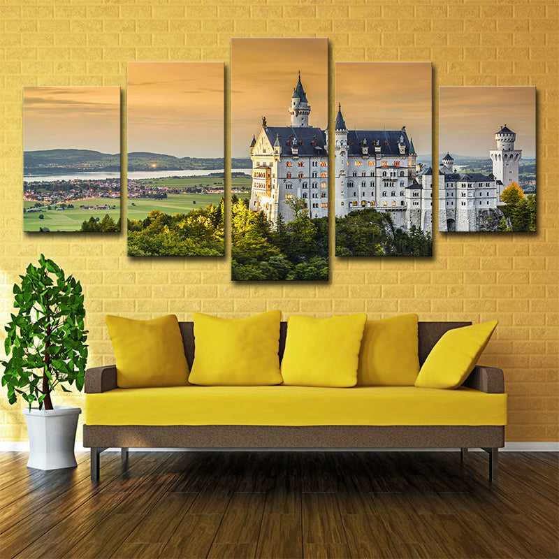 Modern Landmark Wall Art Print Green Schwanstein Castle with Sunset Glow View Canvas Clearhalo 'Arts' 'Canvas Art' 1639157