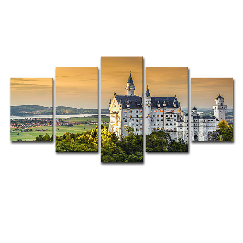 Modern Landmark Wall Art Print Green Schwanstein Castle with Sunset Glow View Canvas Clearhalo 'Arts' 'Canvas Art' 1639158