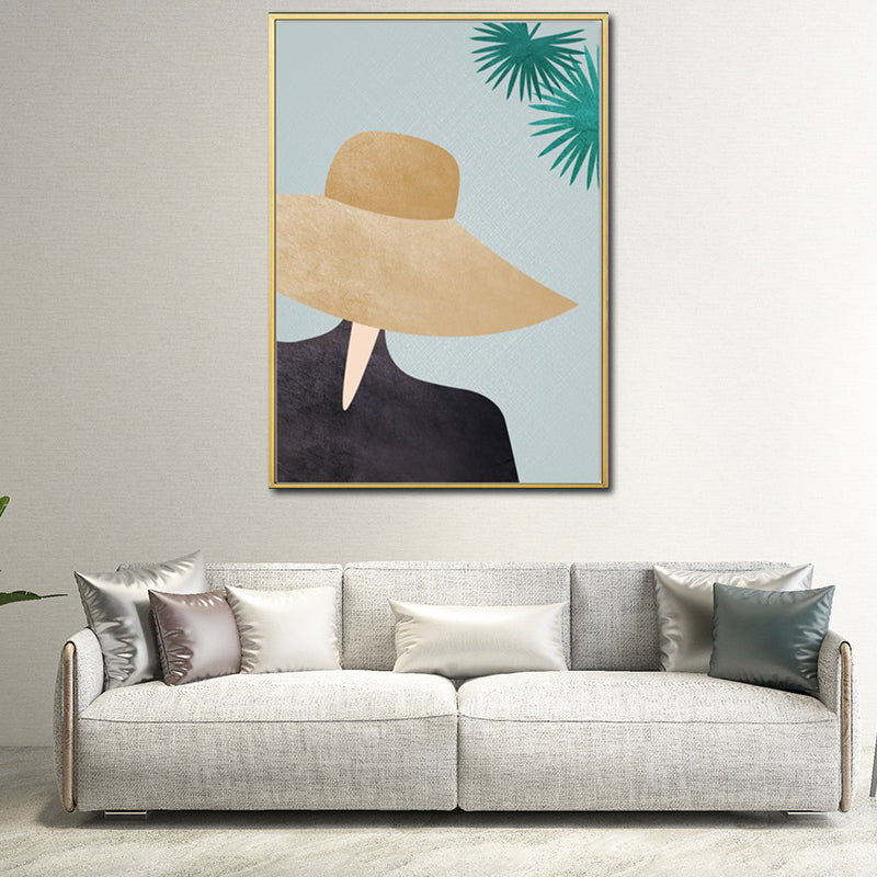 Gele Noordse stijl canvas kunst vrouw draagt ​​floppy hoed muurdecor voor meisjes slaapkamer