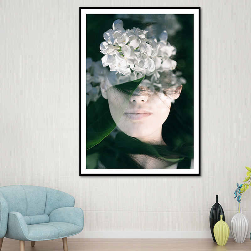 Photography Woman and Flowers Canvas Wall Art for Girls Bedroom, Green and White - Green - Clearhalo - 'Arts' - 'Canvas Art' - 1639192