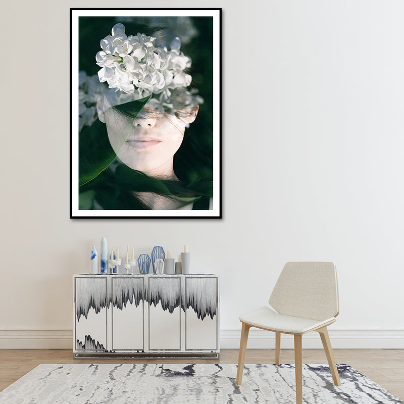 Photography Woman and Flowers Canvas Wall Art for Girls Bedroom, Green and White - Clearhalo - 'Arts' - 'Canvas Art' - 1639193