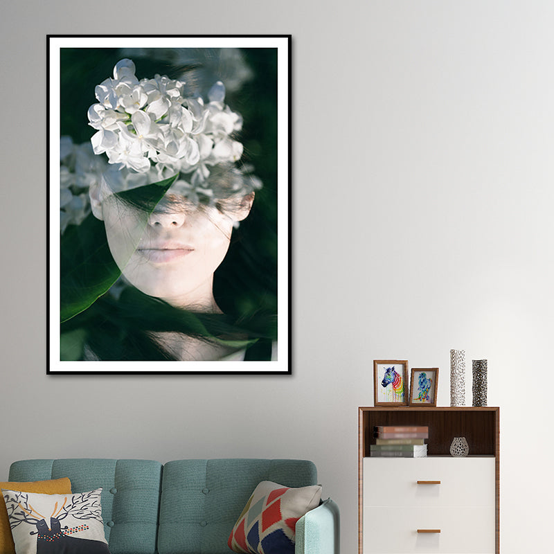Photography Woman and Flowers Canvas Wall Art for Girls Bedroom, Green and White - Clearhalo - 'Arts' - 'Canvas Art' - 1639194