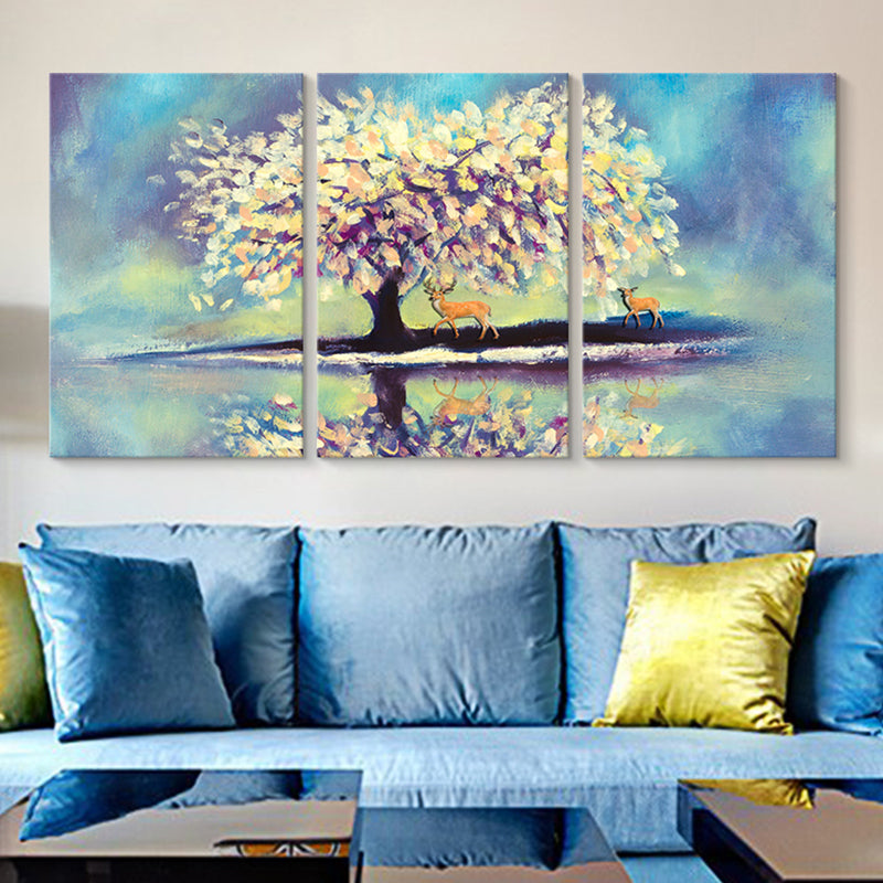 Blue Lake Reflection Canvas Art Deer and Tree Painting Kids Multi-Piece Wall Decor Blue Clearhalo 'Art Gallery' 'Canvas Art' 'Kids' Arts' 1639248