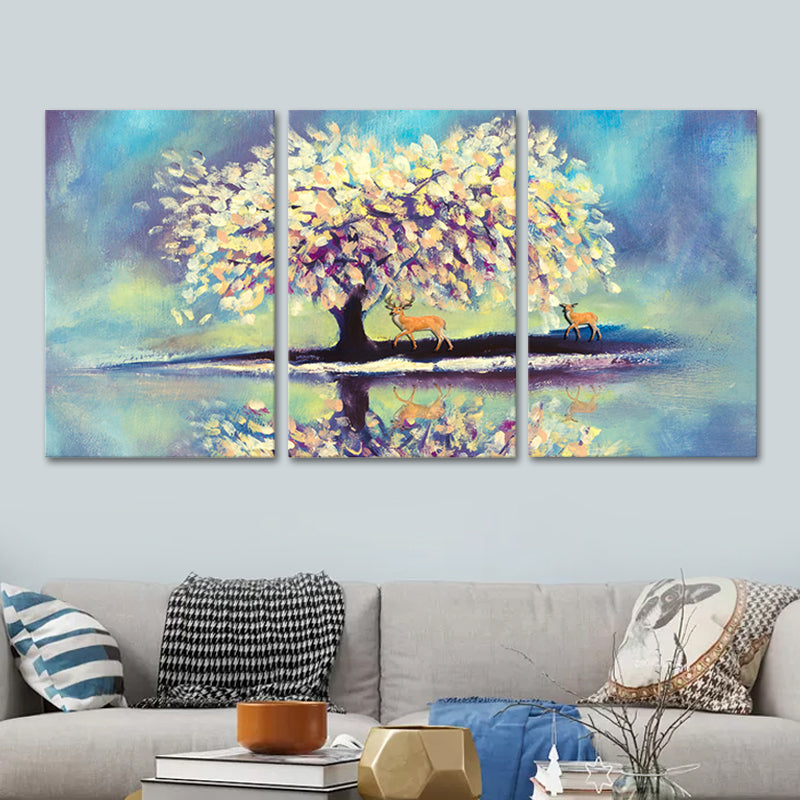 Blue Lake Reflection Canvas Art Deer and Tree Painting Kids Multi-Piece Wall Decor Clearhalo 'Art Gallery' 'Canvas Art' 'Kids' Arts' 1639249