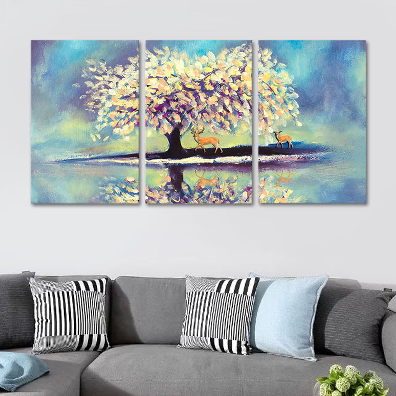 Blue Lake Reflection Canvas Art Deer and Tree Painting Kids Multi-Piece Wall Decor Clearhalo 'Art Gallery' 'Canvas Art' 'Kids' Arts' 1639250