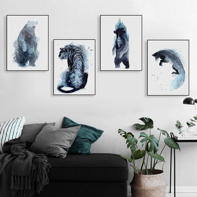 Kids Wild Animal Watercolor Canvas Art Dark Blue Textured Wall Decor for Living Room Blue One Set Clearhalo 'Art Gallery' 'Canvas Art' 'Kids' Arts' 1639359