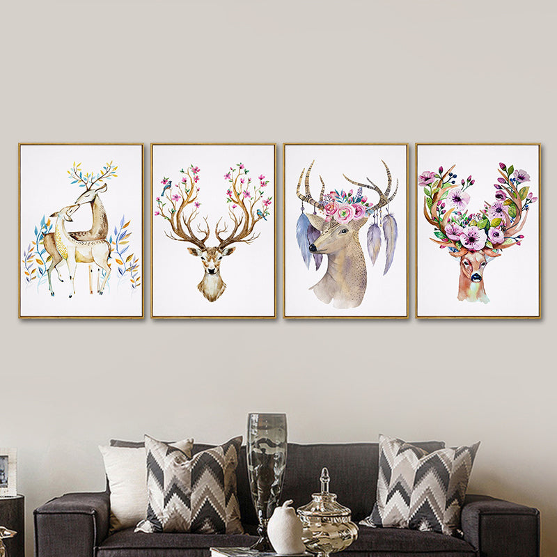 Elk with Flower Antler Art Print Trendy Canvas Wall Decor in Brown for Dorm Room Brown One Set Clearhalo 'Art Gallery' 'Canvas Art' 'Kids' Arts' 1639645