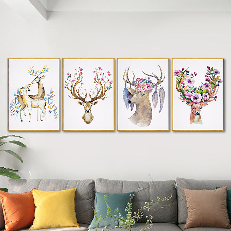 Elk with Flower Antler Art Print Trendy Canvas Wall Decor in Brown for Dorm Room Clearhalo 'Art Gallery' 'Canvas Art' 'Kids' Arts' 1639646