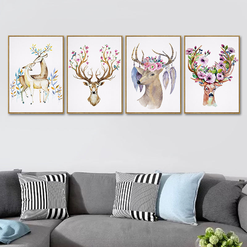 Elk with Flower Antler Art Print Trendy Canvas Wall Decor in Brown for Dorm Room Clearhalo 'Art Gallery' 'Canvas Art' 'Kids' Arts' 1639647