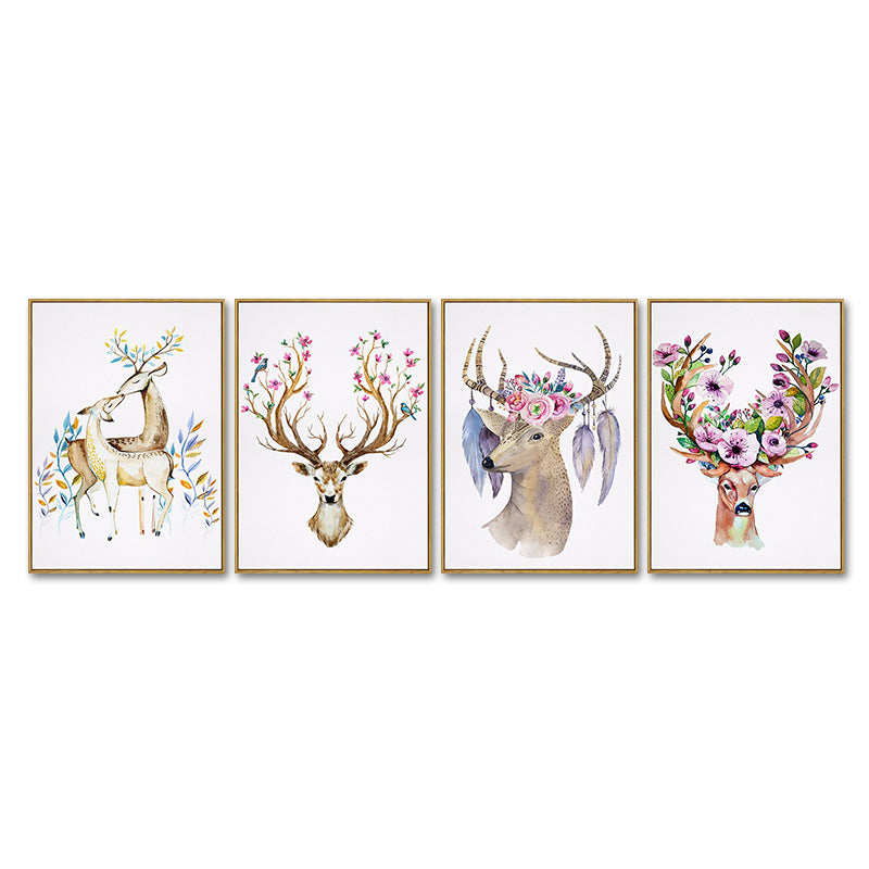 Elk with Flower Antler Art Print Trendy Canvas Wall Decor in Brown for Dorm Room Clearhalo 'Art Gallery' 'Canvas Art' 'Kids' Arts' 1639648