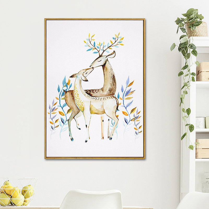Elk with Flower Antler Art Print Trendy Canvas Wall Decor in Brown for Dorm Room Clearhalo 'Art Gallery' 'Canvas Art' 'Kids' Arts' 1639653