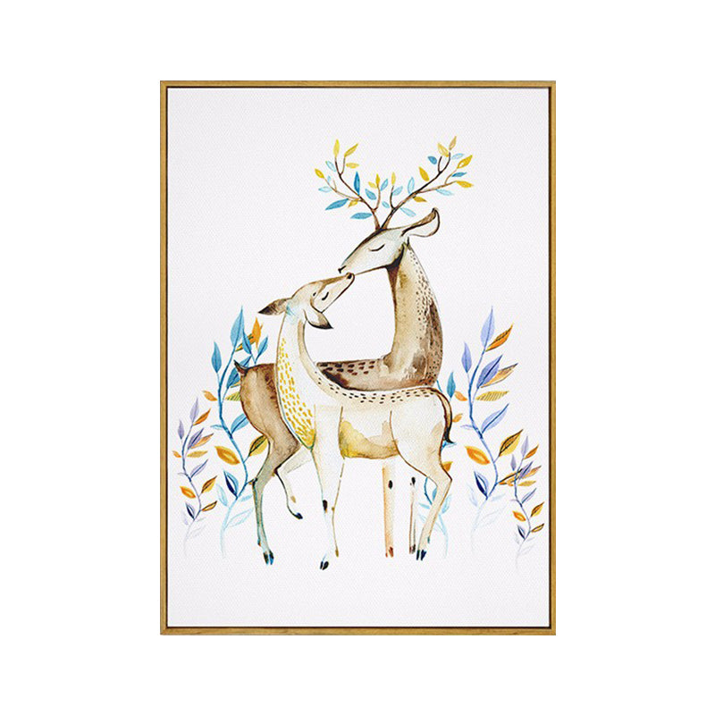 Elk with Flower Antler Art Print Trendy Canvas Wall Decor in Brown for Dorm Room Clearhalo 'Art Gallery' 'Canvas Art' 'Kids' Arts' 1639654