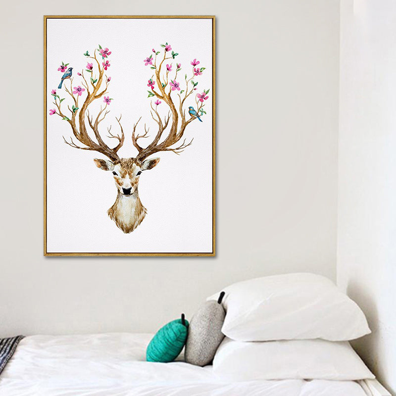 Elk with Flower Antler Art Print Trendy Canvas Wall Decor in Brown for Dorm Room Brown Design 2 Clearhalo 'Art Gallery' 'Canvas Art' 'Kids' Arts' 1639658