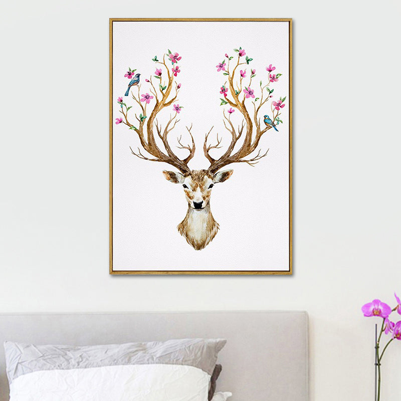 Elk with Flower Antler Art Print Trendy Canvas Wall Decor in Brown for Dorm Room Clearhalo 'Art Gallery' 'Canvas Art' 'Kids' Arts' 1639659