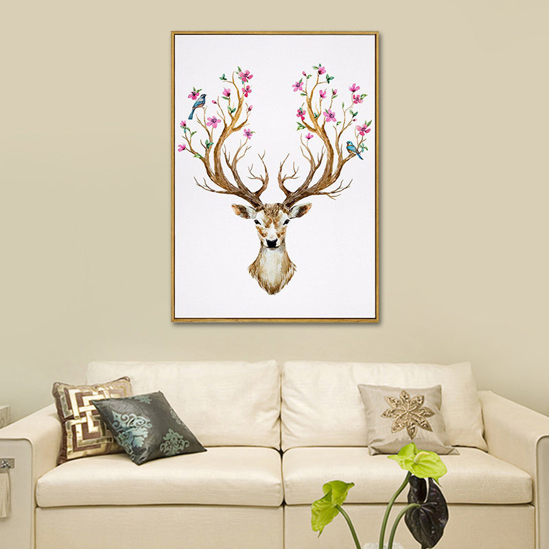 Elk with Flower Antler Art Print Trendy Canvas Wall Decor in Brown for Dorm Room Clearhalo 'Art Gallery' 'Canvas Art' 'Kids' Arts' 1639660