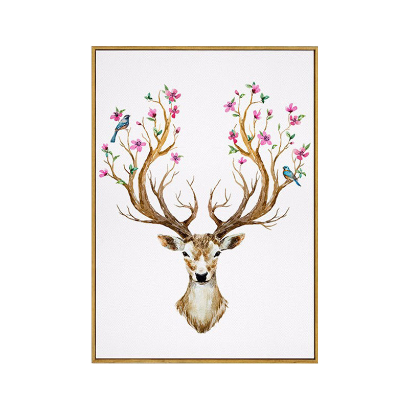 Elk with Flower Antler Art Print Trendy Canvas Wall Decor in Brown for Dorm Room Clearhalo 'Art Gallery' 'Canvas Art' 'Kids' Arts' 1639661
