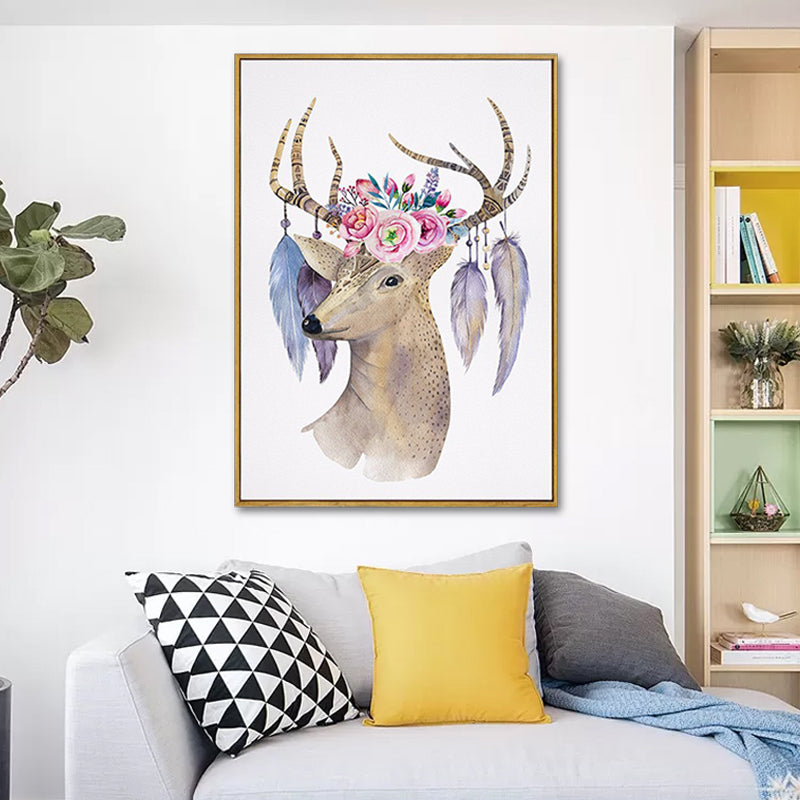 Elk with Flower Antler Art Print Trendy Canvas Wall Decor in Brown for Dorm Room Brown Design 3 Clearhalo 'Art Gallery' 'Canvas Art' 'Kids' Arts' 1639665