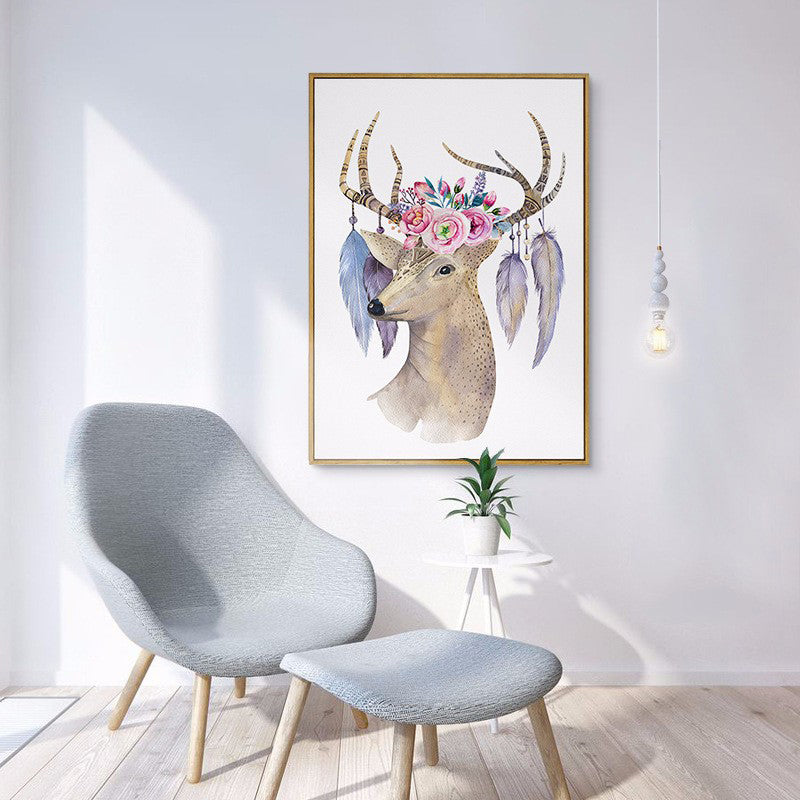 Elk with Flower Antler Art Print Trendy Canvas Wall Decor in Brown for Dorm Room Clearhalo 'Art Gallery' 'Canvas Art' 'Kids' Arts' 1639666