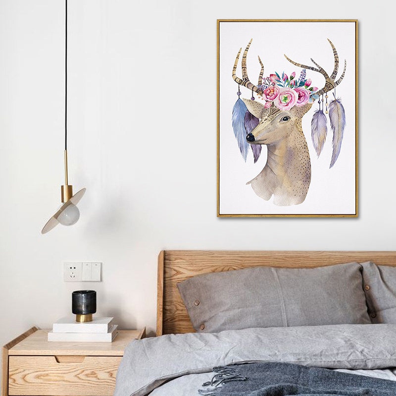 Elk with Flower Antler Art Print Trendy Canvas Wall Decor in Brown for Dorm Room Clearhalo 'Art Gallery' 'Canvas Art' 'Kids' Arts' 1639667