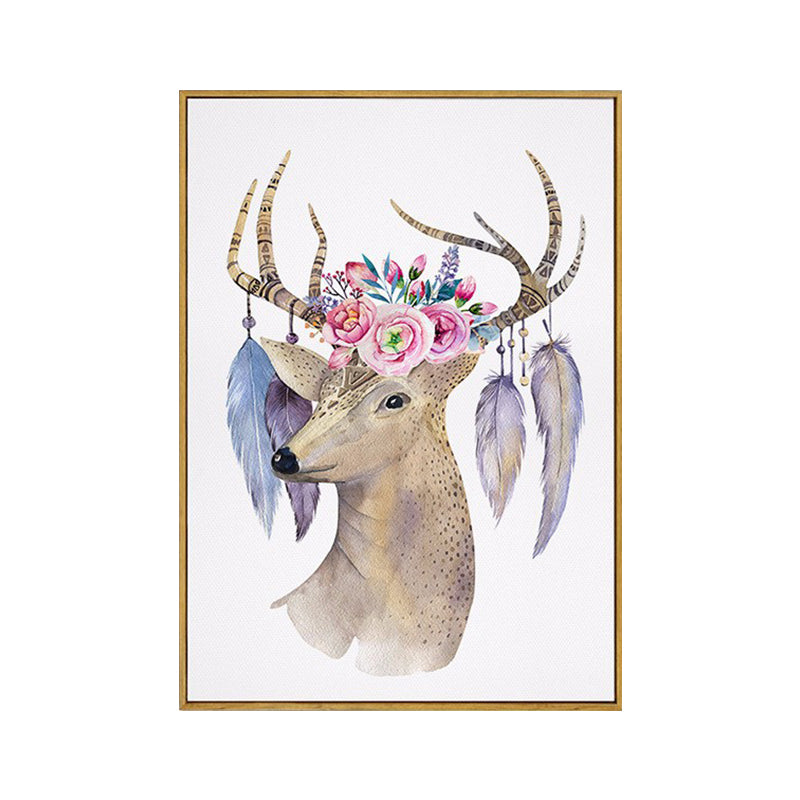Elk with Flower Antler Art Print Trendy Canvas Wall Decor in Brown for Dorm Room Clearhalo 'Art Gallery' 'Canvas Art' 'Kids' Arts' 1639668