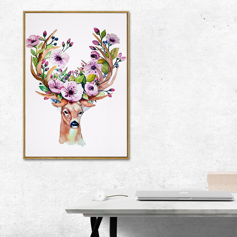 Elk with Flower Antler Art Print Trendy Canvas Wall Decor in Brown for Dorm Room Brown Design 4 Clearhalo 'Art Gallery' 'Canvas Art' 'Kids' Arts' 1639672