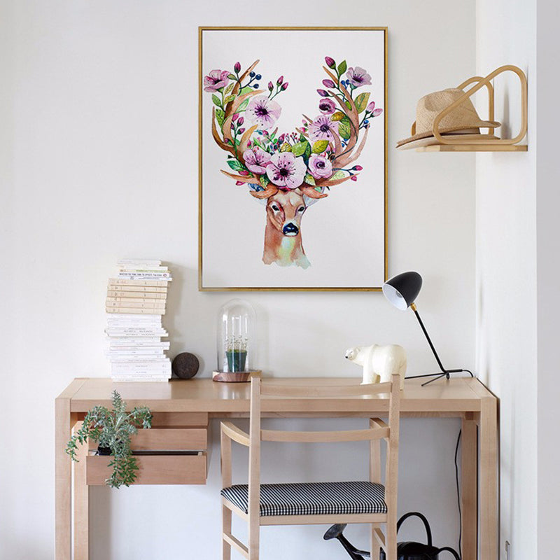 Elk with Flower Antler Art Print Trendy Canvas Wall Decor in Brown for Dorm Room Clearhalo 'Art Gallery' 'Canvas Art' 'Kids' Arts' 1639673