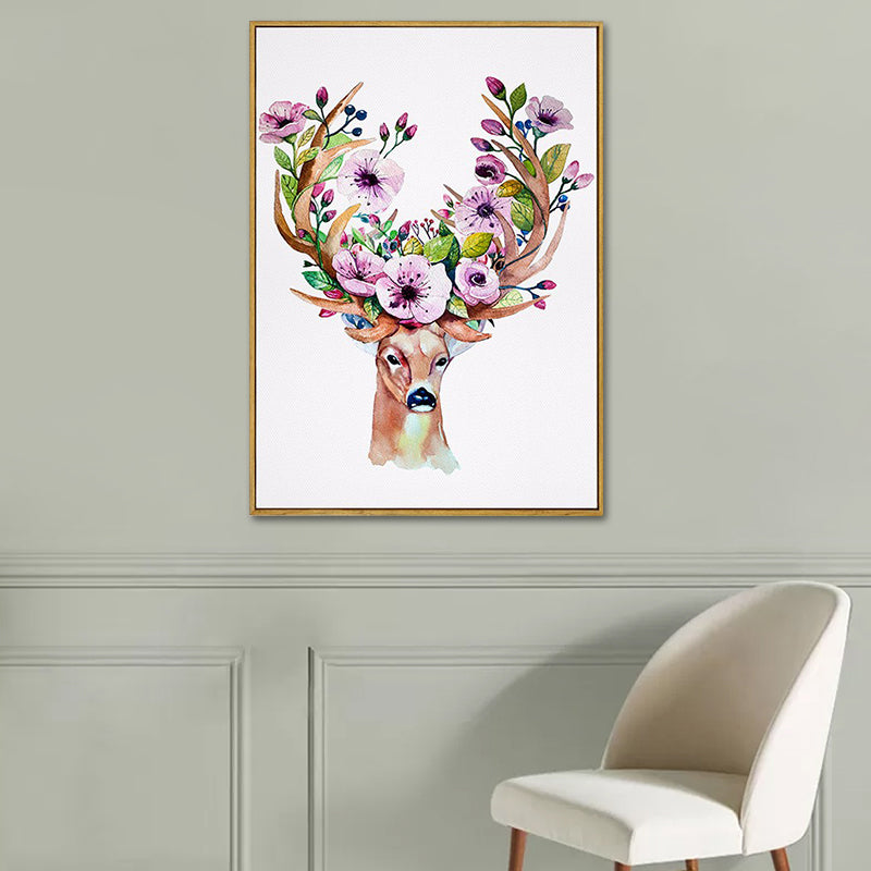 Elk with Flower Antler Art Print Trendy Canvas Wall Decor in Brown for Dorm Room Clearhalo 'Art Gallery' 'Canvas Art' 'Kids' Arts' 1639674
