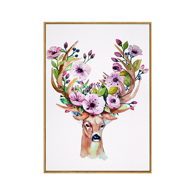 Elk with Flower Antler Art Print Trendy Canvas Wall Decor in Brown for Dorm Room Clearhalo 'Art Gallery' 'Canvas Art' 'Kids' Arts' 1639675