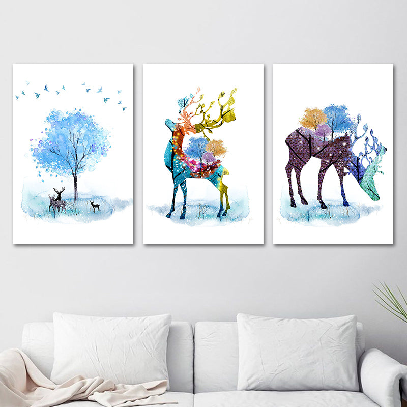 Deer and Tree Watercolor Canvas Print Textured Kids Style Bedroom Wall Art Blue One Set Clearhalo 'Art Gallery' 'Canvas Art' 'Kids' Arts' 1639793