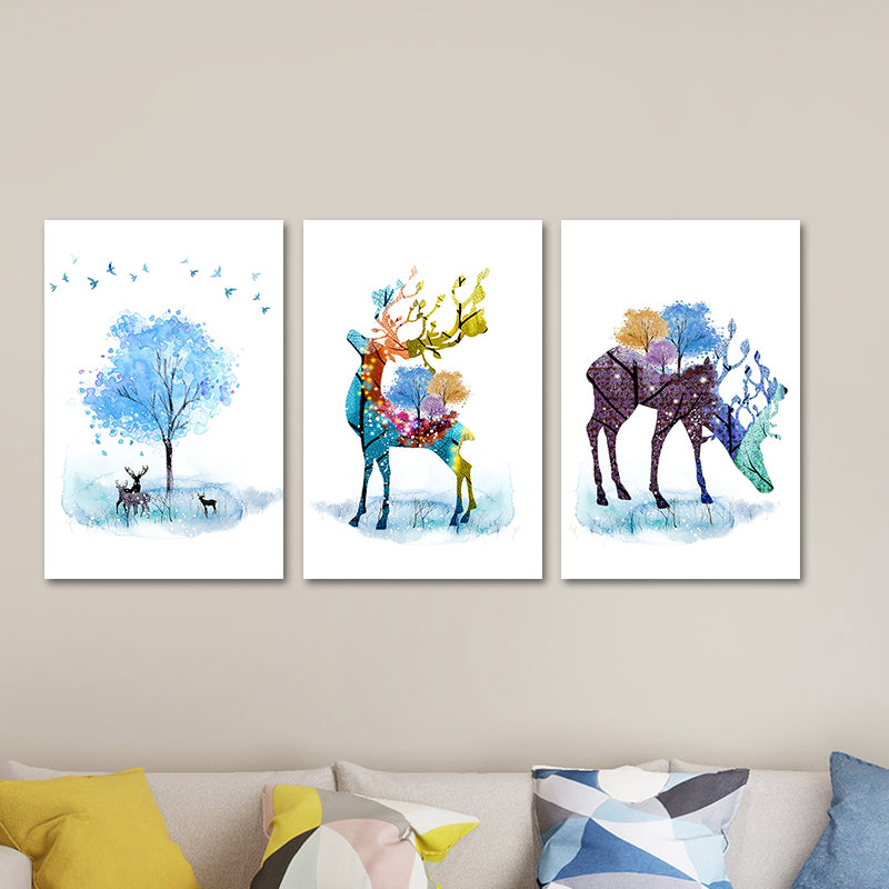 Deer and Tree Watercolor Canvas Print Textured Kids Style Bedroom Wall Art Clearhalo 'Art Gallery' 'Canvas Art' 'Kids' Arts' 1639794