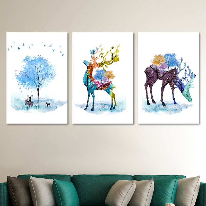 Deer and Tree Watercolor Canvas Print Textured Kids Style Bedroom Wall Art Clearhalo 'Art Gallery' 'Canvas Art' 'Kids' Arts' 1639795