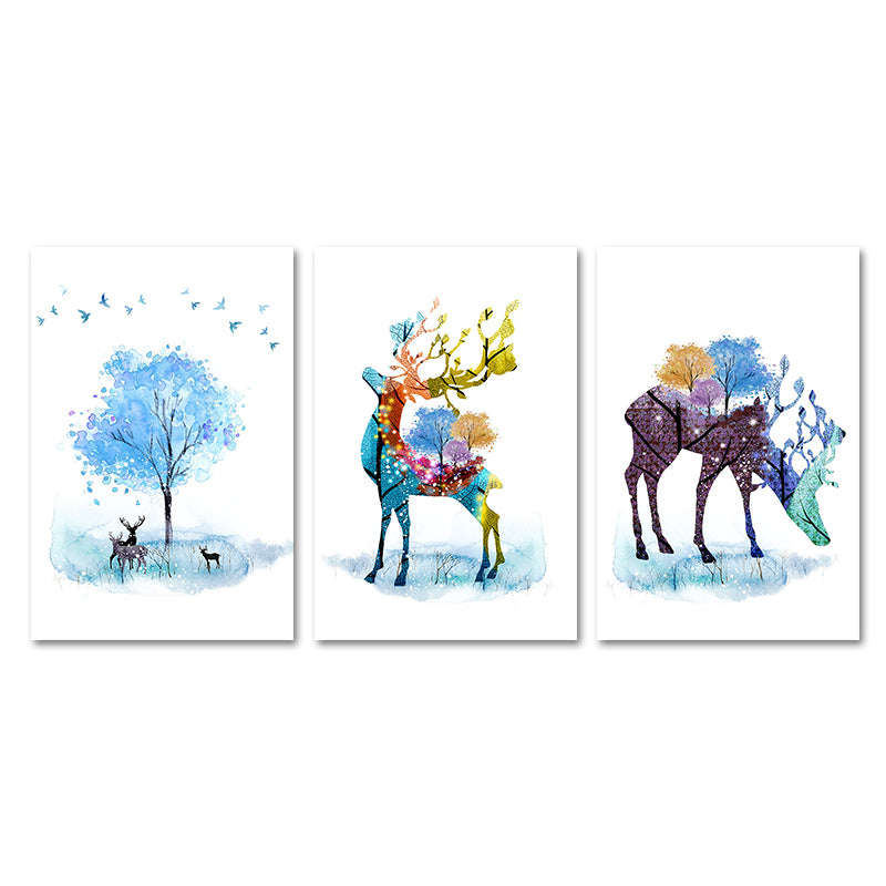 Deer and Tree Watercolor Canvas Print Textured Kids Style Bedroom Wall Art Clearhalo 'Art Gallery' 'Canvas Art' 'Kids' Arts' 1639796
