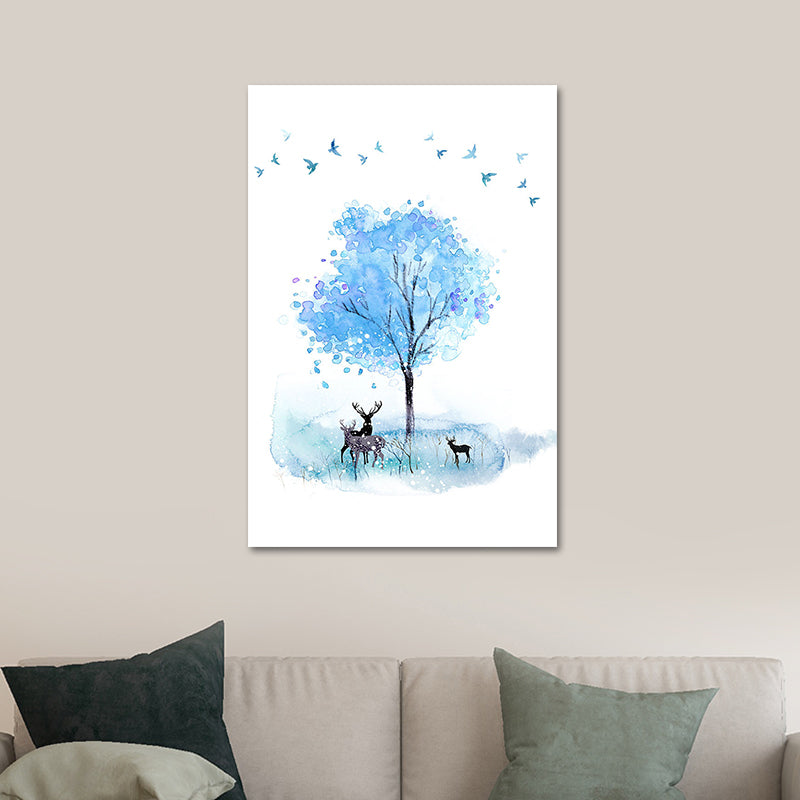 Deer and Tree Watercolor Canvas Print Textured Kids Style Bedroom Wall Art Clearhalo 'Art Gallery' 'Canvas Art' 'Kids' Arts' 1639801