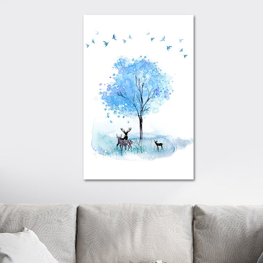 Deer and Tree Watercolor Canvas Print Textured Kids Style Bedroom Wall Art Clearhalo 'Art Gallery' 'Canvas Art' 'Kids' Arts' 1639802