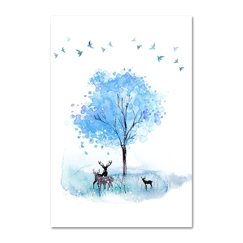 Deer and Tree Watercolor Canvas Print Textured Kids Style Bedroom Wall Art Clearhalo 'Art Gallery' 'Canvas Art' 'Kids' Arts' 1639803