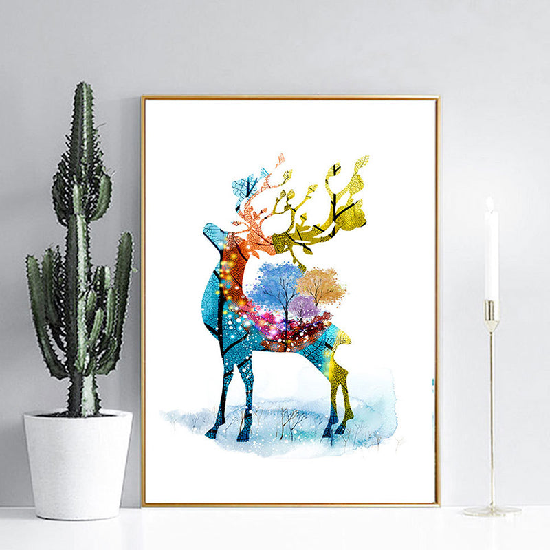 Deer and Tree Watercolor Canvas Print Textured Kids Style Bedroom Wall Art Blue Design 2 Clearhalo 'Art Gallery' 'Canvas Art' 'Kids' Arts' 1639807
