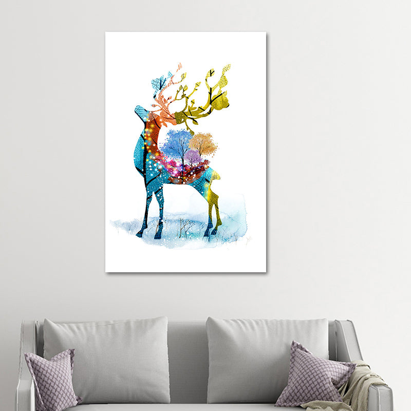 Deer and Tree Watercolor Canvas Print Textured Kids Style Bedroom Wall Art Clearhalo 'Art Gallery' 'Canvas Art' 'Kids' Arts' 1639808