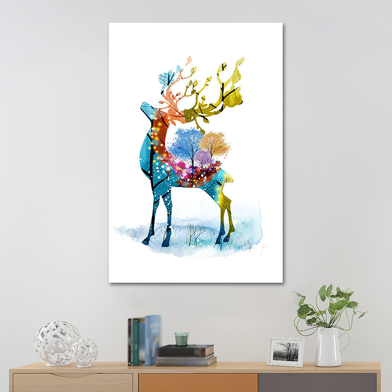 Deer and Tree Watercolor Canvas Print Textured Kids Style Bedroom Wall Art Clearhalo 'Art Gallery' 'Canvas Art' 'Kids' Arts' 1639809