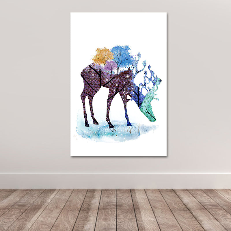 Deer and Tree Watercolor Canvas Print Textured Kids Style Bedroom Wall Art Clearhalo 'Art Gallery' 'Canvas Art' 'Kids' Arts' 1639815