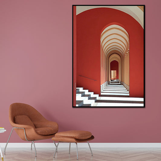 Red Arched Corridor Wall Art Textured Mid-Century Modern Living Room Wrapped Canvas Red Clearhalo 'Art Gallery' 'Canvas Art' 'Industrial' 'Mid-Century Modern' 'Minimalist Art Gallery' Arts' 1639975