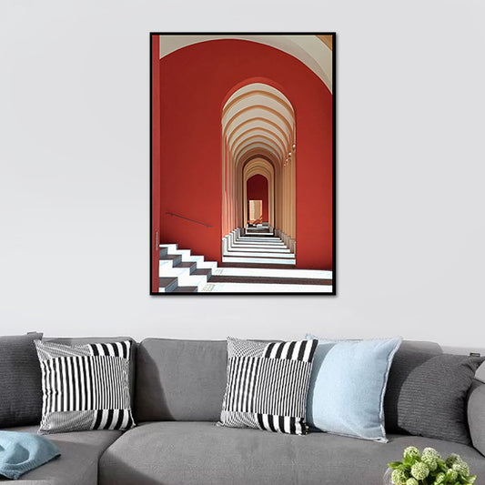 Red Arched Corridor Wall Art Textured Mid-Century Modern Living Room Wrapped Canvas Clearhalo 'Art Gallery' 'Canvas Art' 'Industrial' 'Mid-Century Modern' 'Minimalist Art Gallery' Arts' 1639976