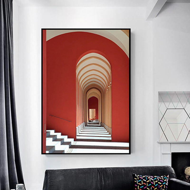 Red Arched Corridor Wall Art Textured Mid-Century Modern Living Room Wrapped Canvas Clearhalo 'Art Gallery' 'Canvas Art' 'Industrial' 'Mid-Century Modern' 'Minimalist Art Gallery' Arts' 1639977