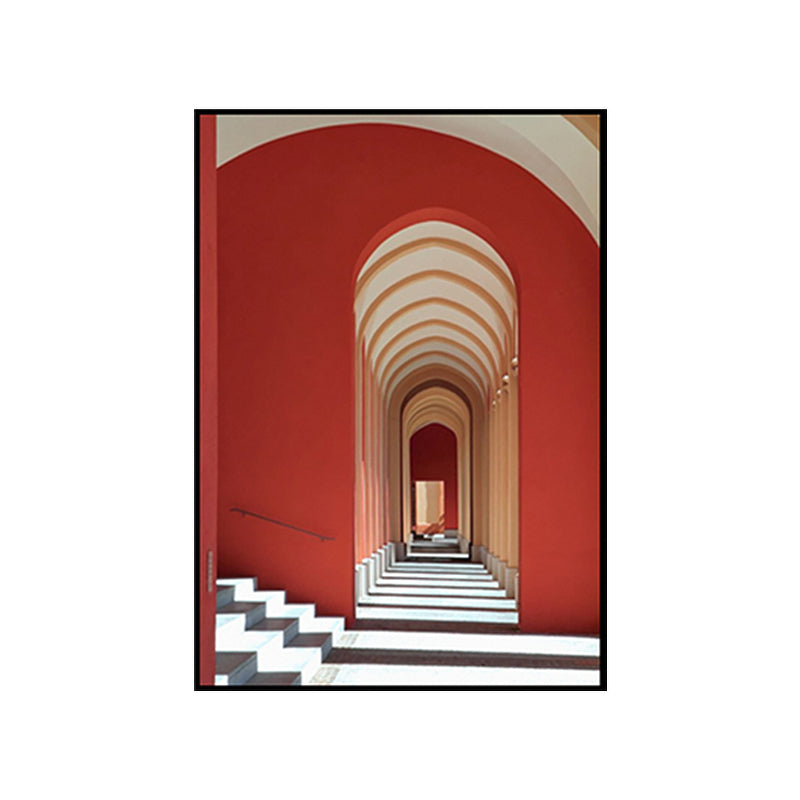 Red Arched Corridor Wall Art Textured Mid-Century Modern Living Room Wrapped Canvas Clearhalo 'Art Gallery' 'Canvas Art' 'Industrial' 'Mid-Century Modern' 'Minimalist Art Gallery' Arts' 1639978